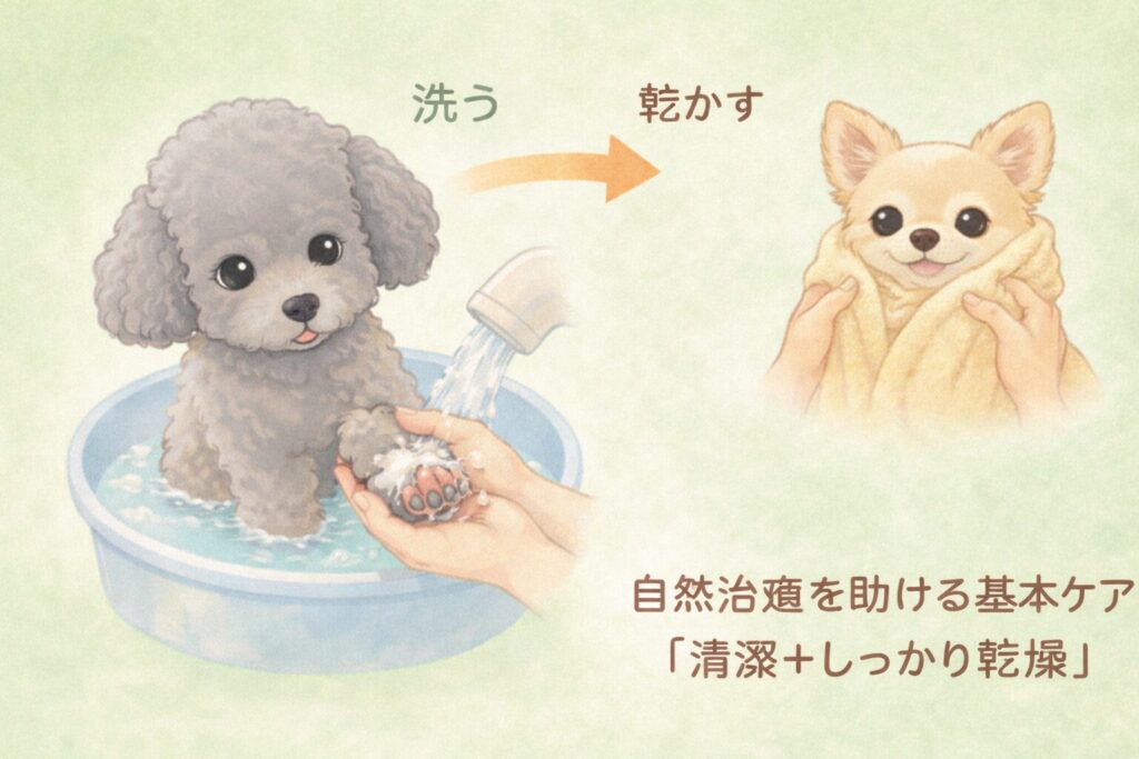 シルバートイプードルの足をぬるま湯で洗いチワワをタオルで乾かすイラスト