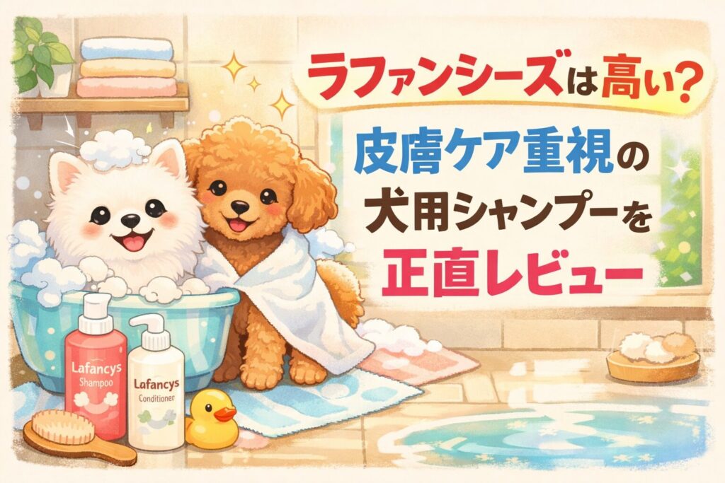 ラファンシーズの犬用シャンプーをテーマにした、白ポメラニアンとトイプードルのかわいいイラストアイキャッチ