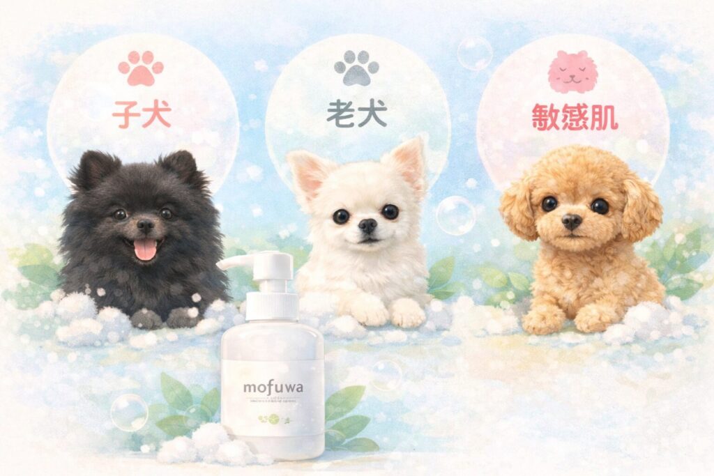 子犬や皮ふがデリケートな犬に向いているmofuwa犬用シャンプーのイラスト