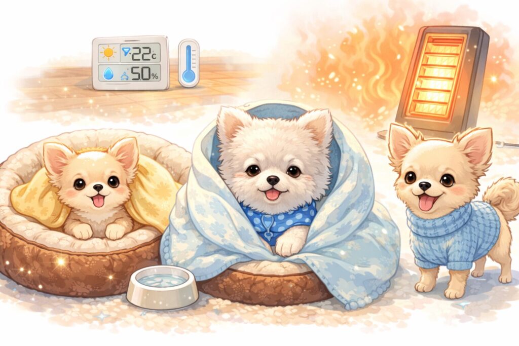 窓から冷気が入る室内で、チワワのベッド横に温湿度計を置いている様子のイラスト