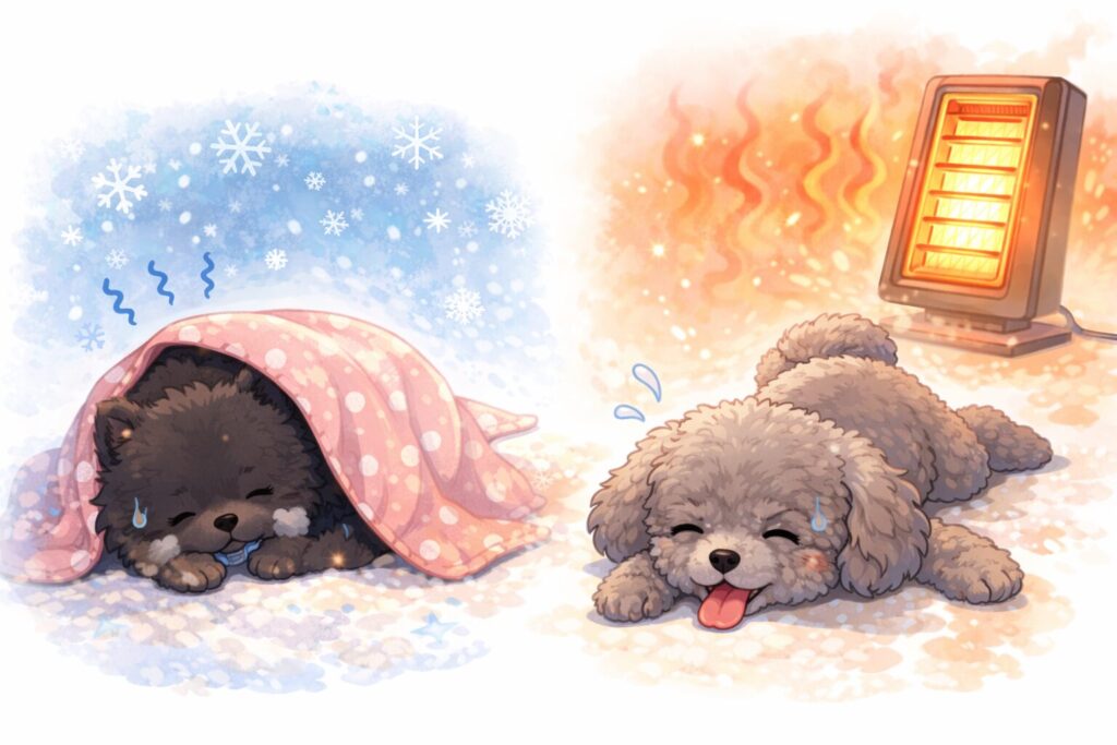 寒くて丸まる黒ポメラニアンと暑くて床に伸びるシルバートイプードルを対比したイラスト