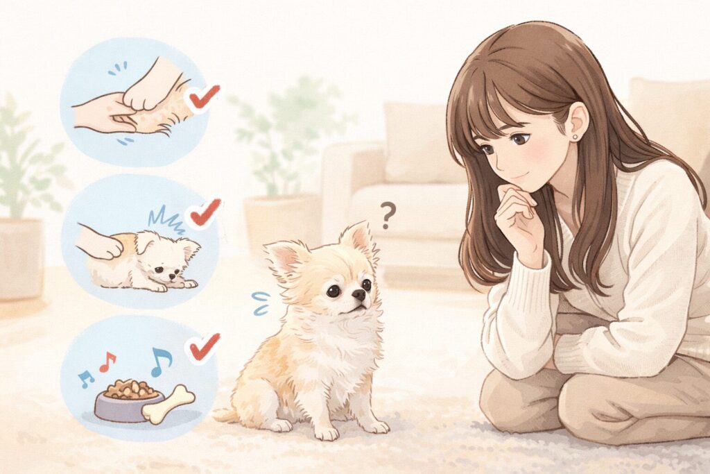 老犬の様子を落ち着いて観察し、確認ポイントを整理する飼い主のイラスト