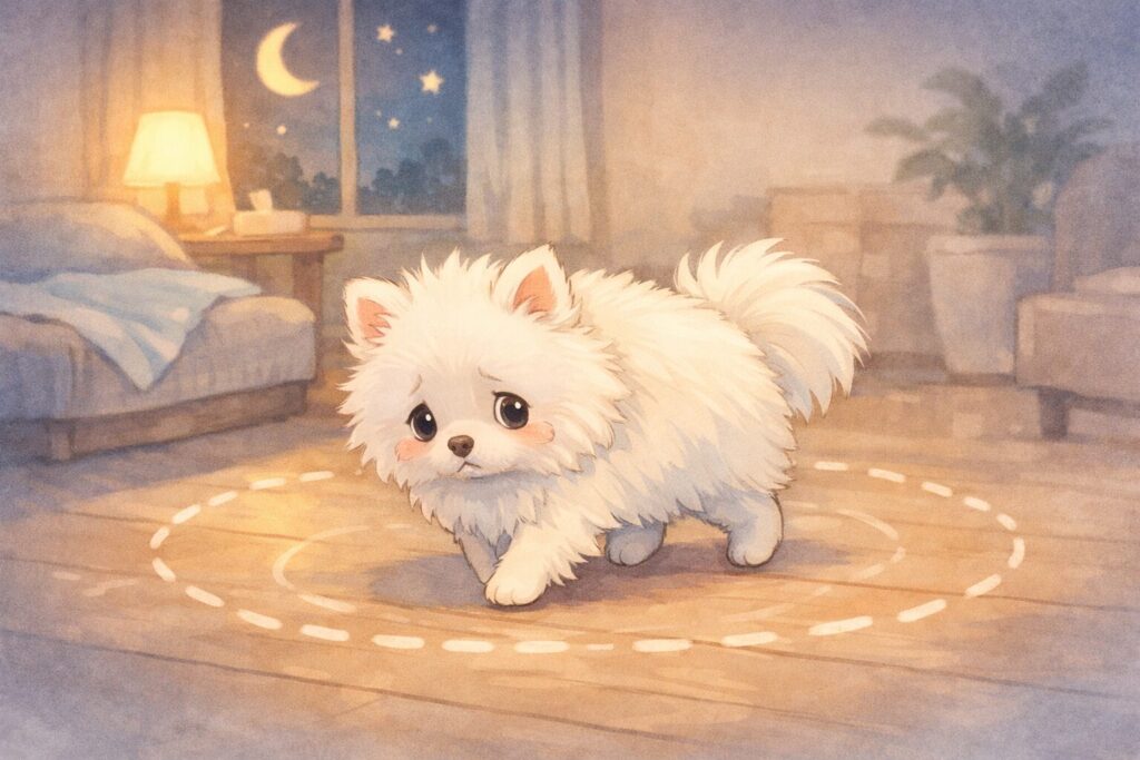 不安そうな表情で室内をぐるぐる歩く老犬のイラスト