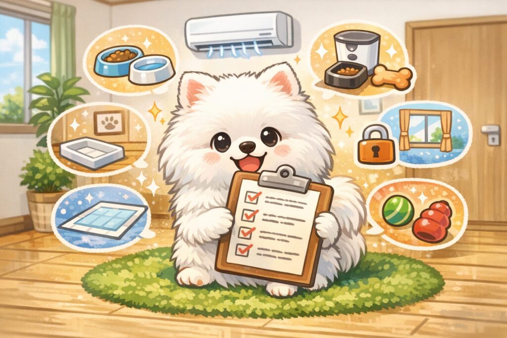 白ポメラニアンがチェックリストを持ち、子犬の留守番前に必要な準備(安全確認・室温管理・水や食事など)を示しているイラスト