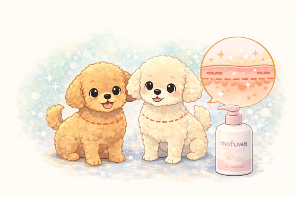 mofuwaの犬用シャンプーとトイプードル2匹の低刺激イメージイラスト