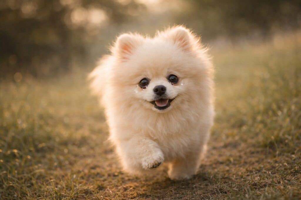 こちらへ走ってくるポメラニアン｜逃げた犬を捕まえる夢のイメージ