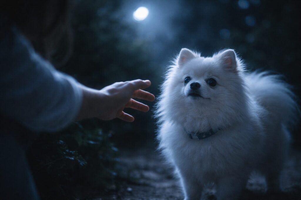 夜に犬へ手を伸ばす人物のイメージ（少し緊張感のある雰囲気）