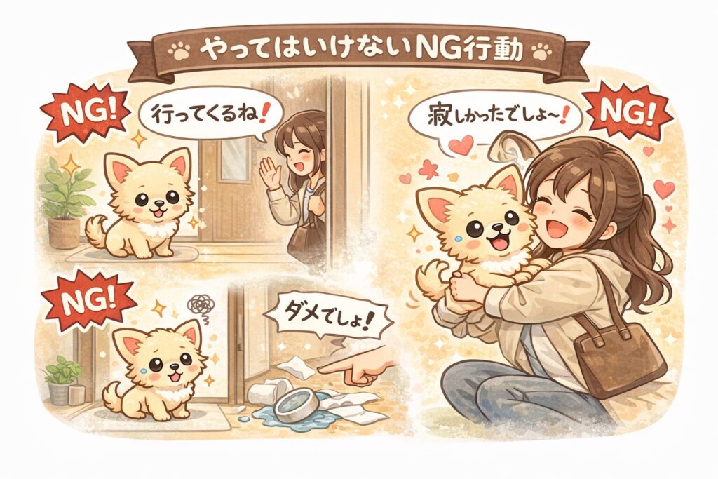 出発前に大げさに声をかける、帰宅後に過剰に抱きしめる、失敗を強く叱るなど、子犬の留守番前後に避けたいNG行動を示したイラスト