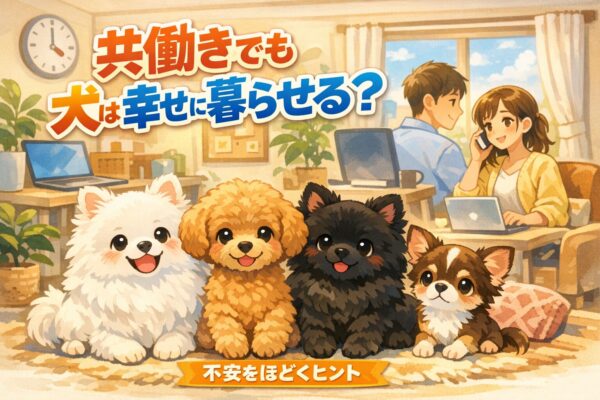 白ポメラニアン・黒ポメラニアン・アプリコットプードル・チワワが並び、奥で共働き夫婦が在宅ワークしているやさしいイラスト