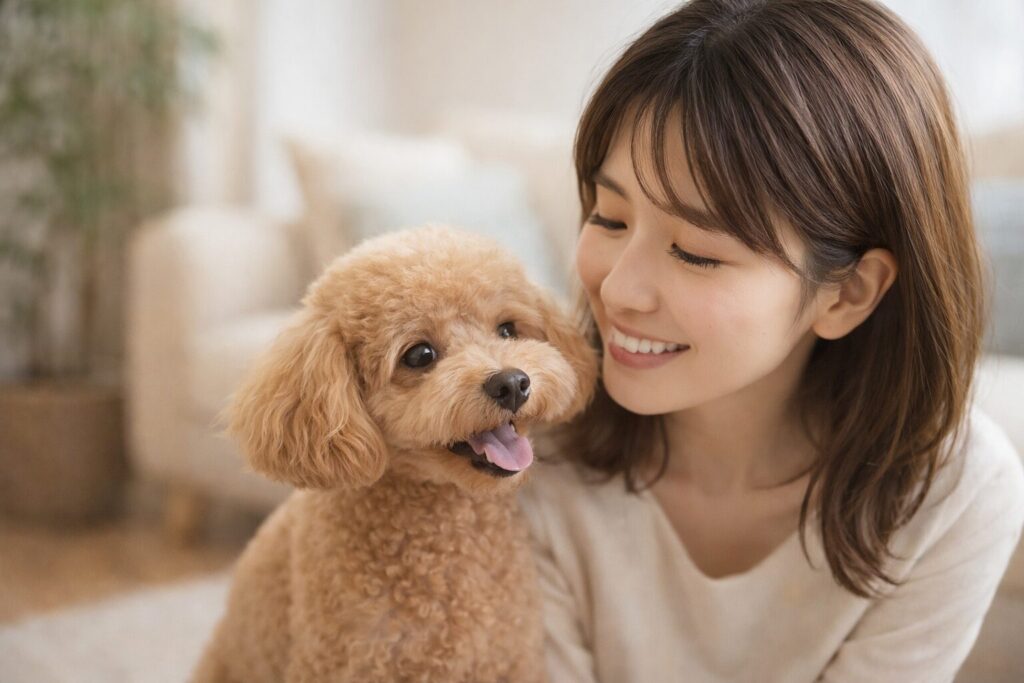 自然光の入るリビングで日本人女性と寄り添うアプリコットトイプードル