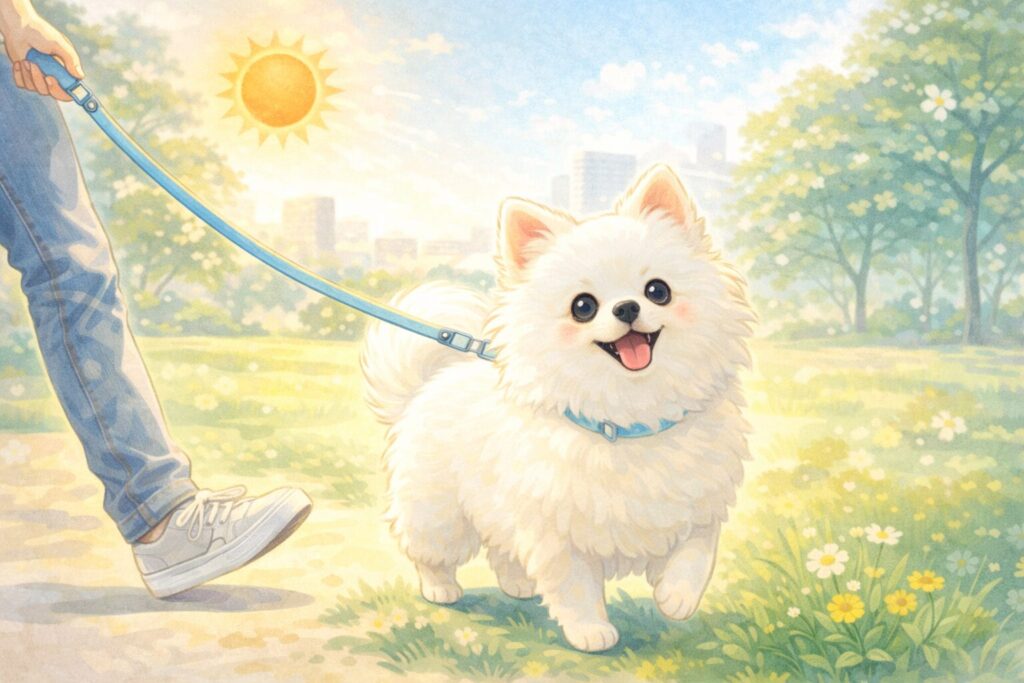 朝の公園で笑顔で散歩する白ポメラニアンの明るくやさしいイラスト