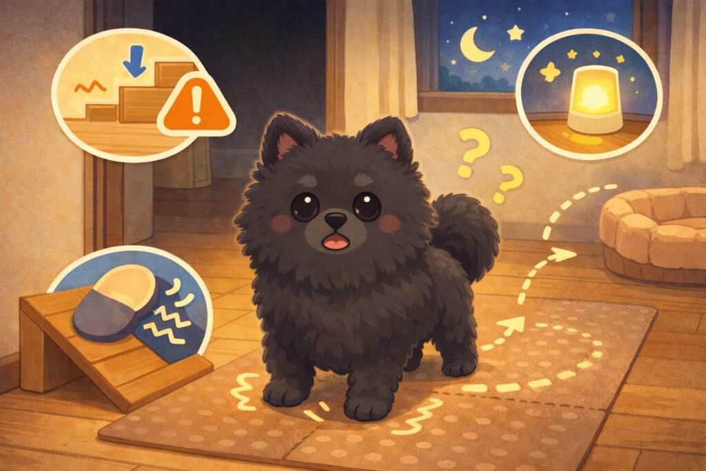 フローリングや段差、夜の暗さに不安そうな表情を見せる老犬のイラスト