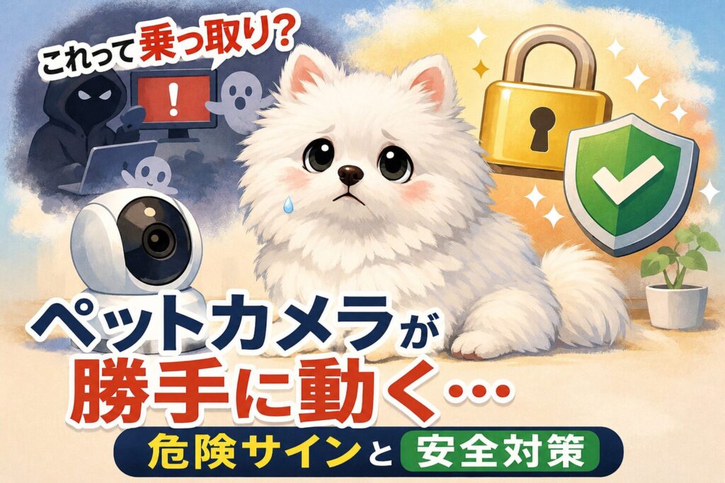勝手に動くペットカメラに不安を感じる白いポメラニアンと、ハッキングや安全対策をイメージしたイラスト