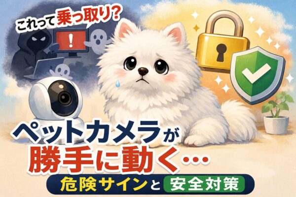 勝手に動くペットカメラに不安を感じる白いポメラニアンと、ハッキングや安全対策をイメージしたイラスト