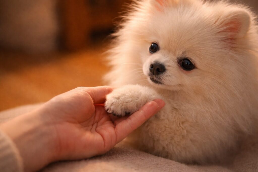 飼い主の手にそっと触れるポメラニアンの肉球｜安心の象徴