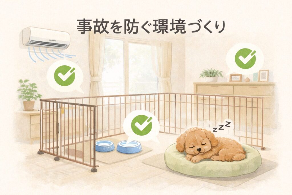 安全対策された室内で落ち着いて寝るアプリコットプードルのイラスト