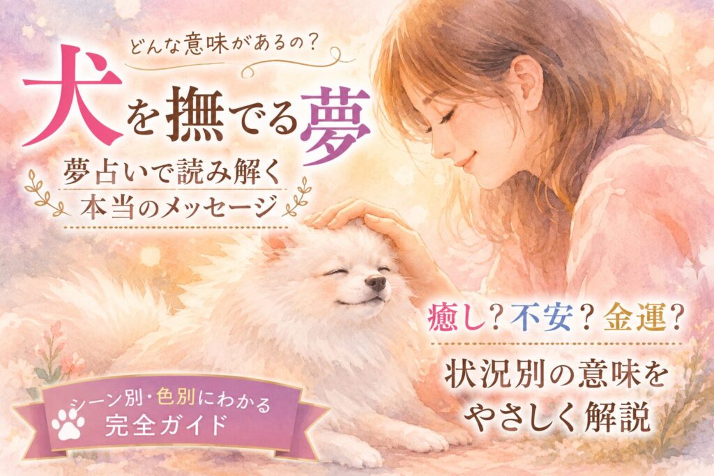 花畑の中で白い犬を優しく撫でる女性のイラスト。犬を撫でる夢の意味を解説する夢占いイメージ。