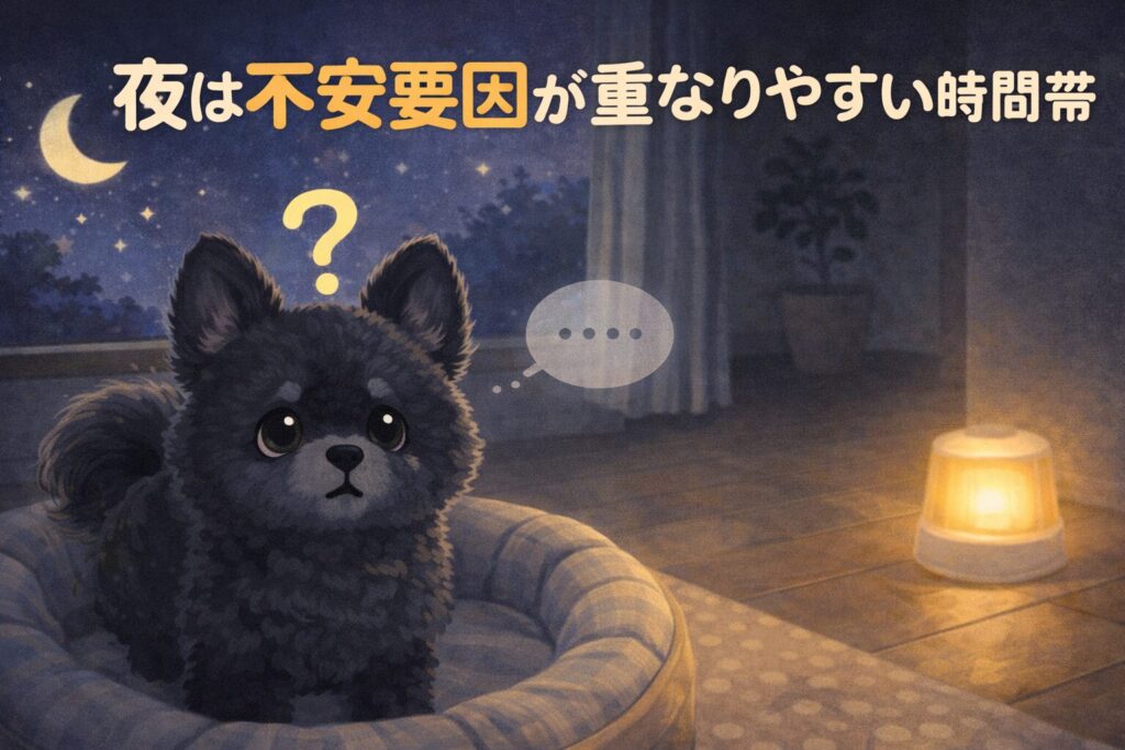 夜の室内で常夜灯のそばにいる老犬を、日本人女性がやさしく撫でて見守っている様子