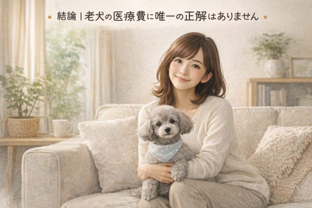 老犬を抱いて安心した表情で座る日本人女性の様子