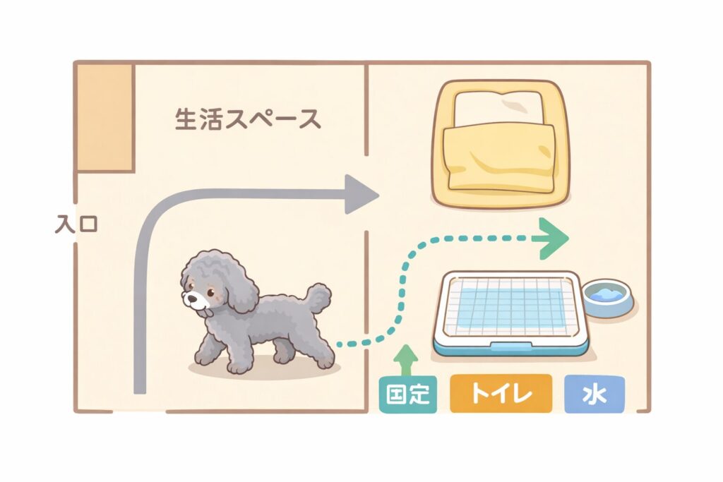 シルバートイプードルが入口からトイレへ向かう動線が示された、留守番向けトイレ配置の図解イラスト