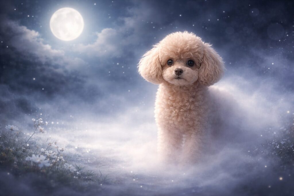 月明かりの霧の中で薄く消えていくクリーム色のトイプードル(幻想的な表現)