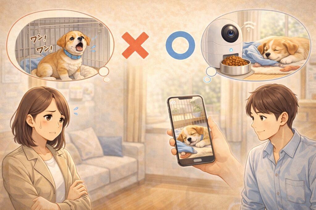 留守番中の犬を見守りカメラと自動給餌器で確認する飼い主のイラスト
