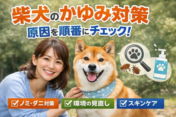 屋外で柴犬と笑顔で寄り添う日本人女性と、かゆみ対策を示すノミ・環境・スキンケアのアイコン