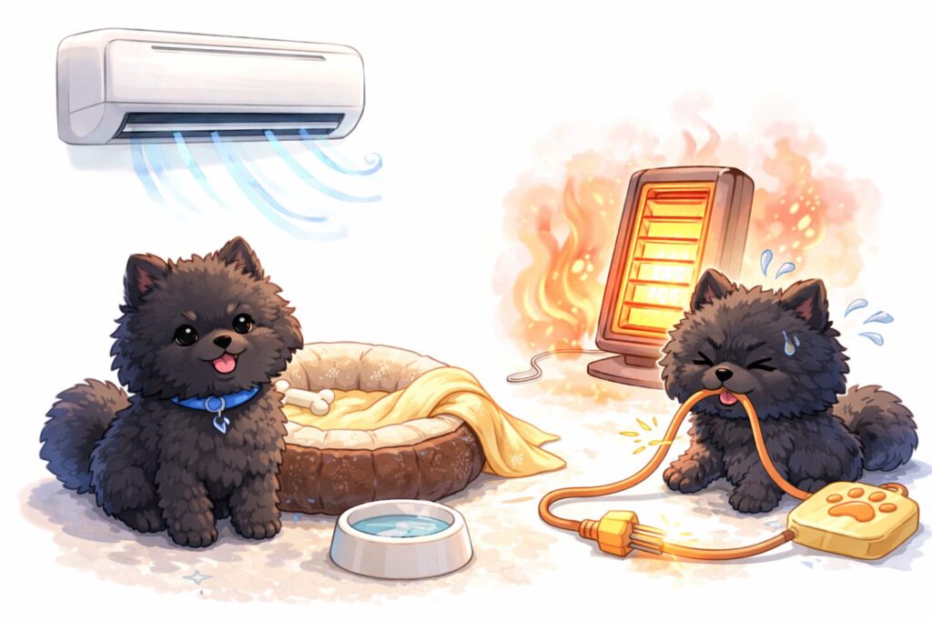 黒ポメラニアンを使って安全なエアコンと危険なヒーターを対比した暖房選びのイラスト