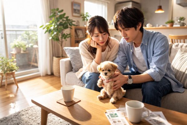 共働き夫婦がリビングで子犬を見つめながら不安そうにしている様子