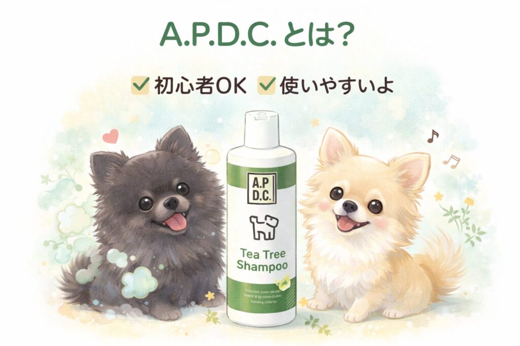 犬とティーA.P.D.C.の特徴を表した犬用シャンプーのイラスト精油の安全性を説明するイラスト