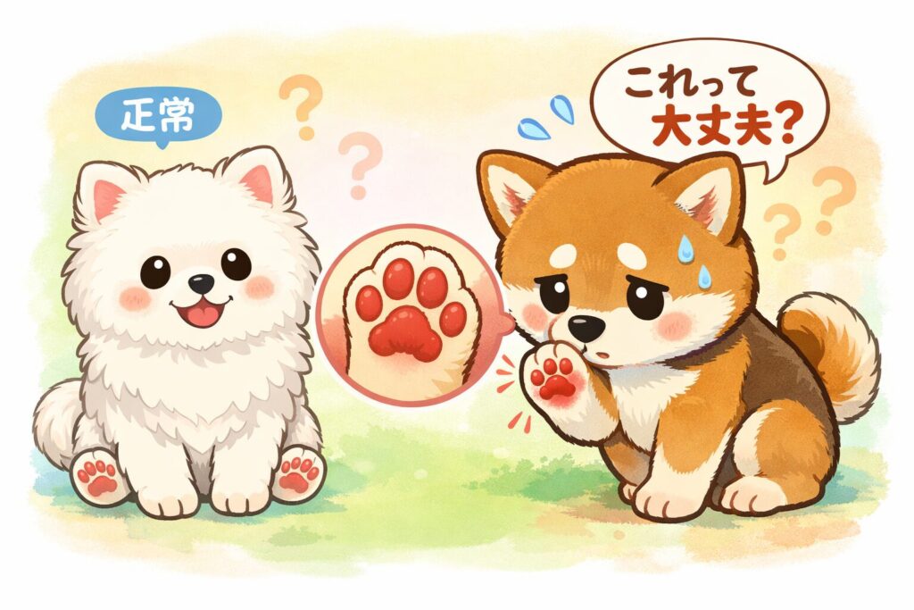 足の裏が赤くなり心配そうにしている柴犬と、正常な足をした白ポメラニアンの比較イラスト