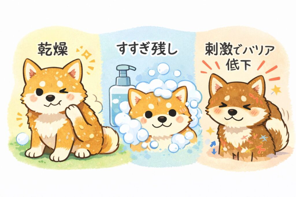 柴犬のシャンプー後のかゆみ原因（乾燥・すすぎ残し・刺激）を表したイラスト