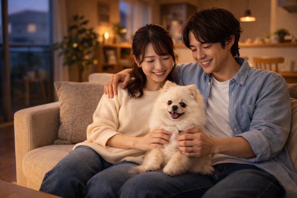 ソファでくつろぐ共働き夫婦と犬の幸せな様子