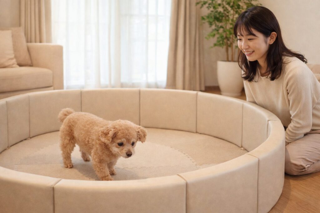 円形サークルの中を歩く老犬を見守る日本人女性の様子