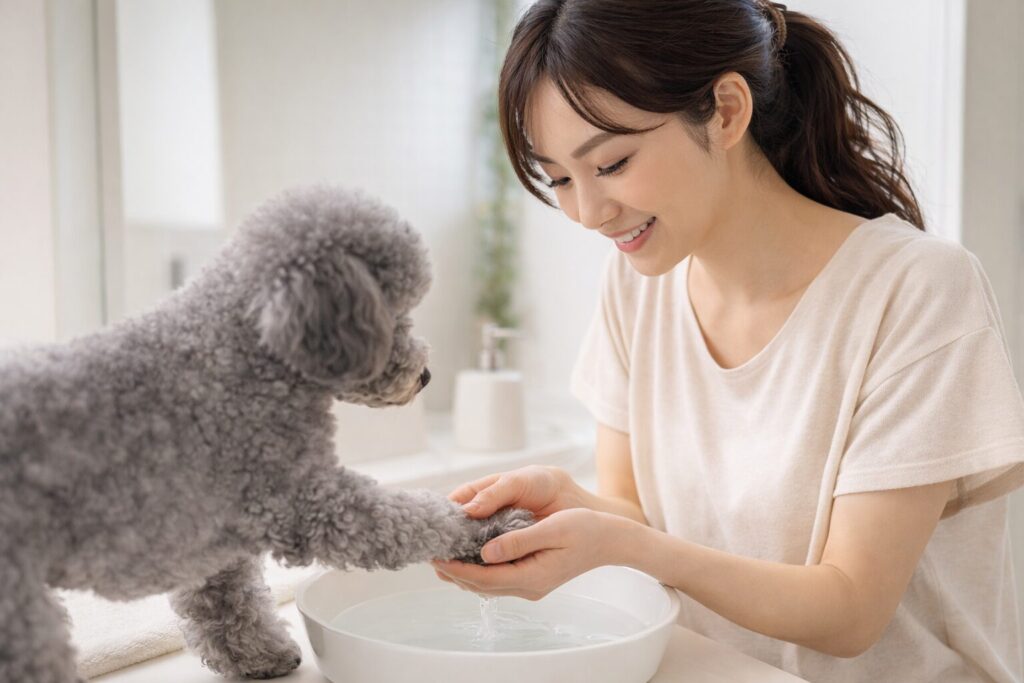 清潔感のある日本人女性が室内でシルバートイプードルの足をぬるま湯で優しく洗っている様子