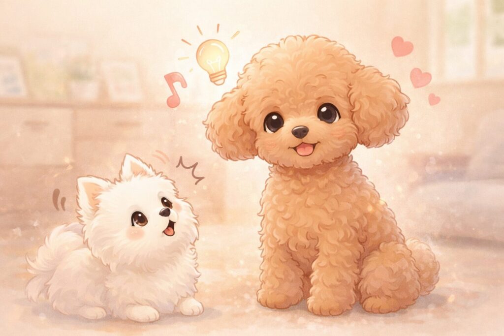 パステル調で描かれたアプリコットトイプードルと白ポメラニアンの性格イメージイラスト