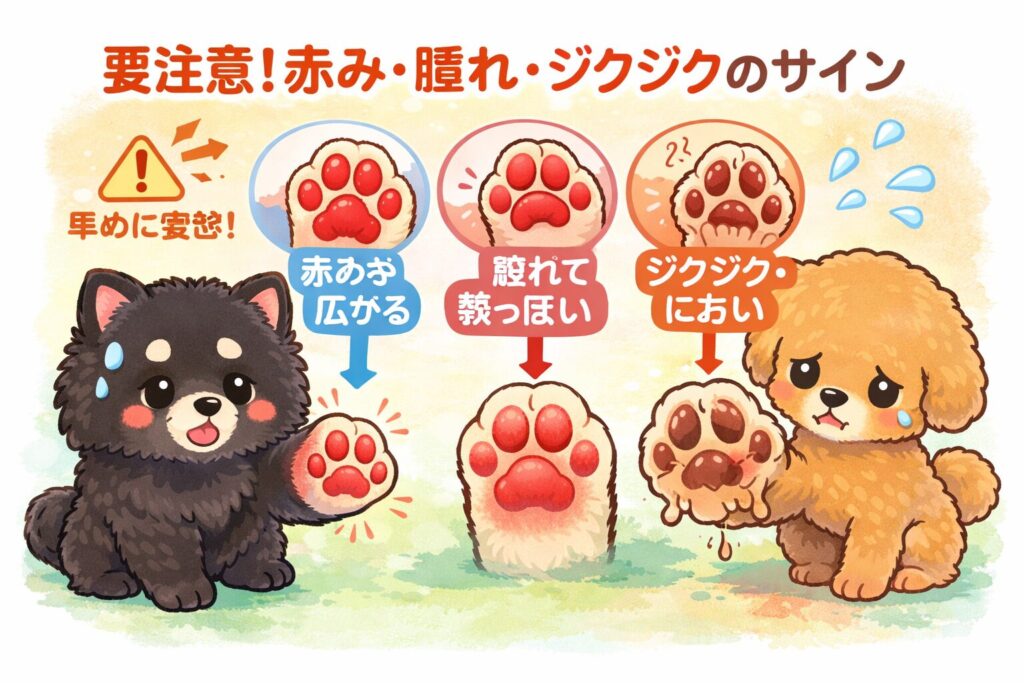 黒ポメラニアンとアプリコットプードルの足の赤み・腫れ・ジクジク症状を図解したイラスト