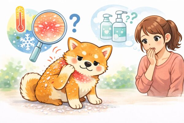 皮膚が赤くなりフケが出ている柴犬を心配そうに見る飼い主のイラスト