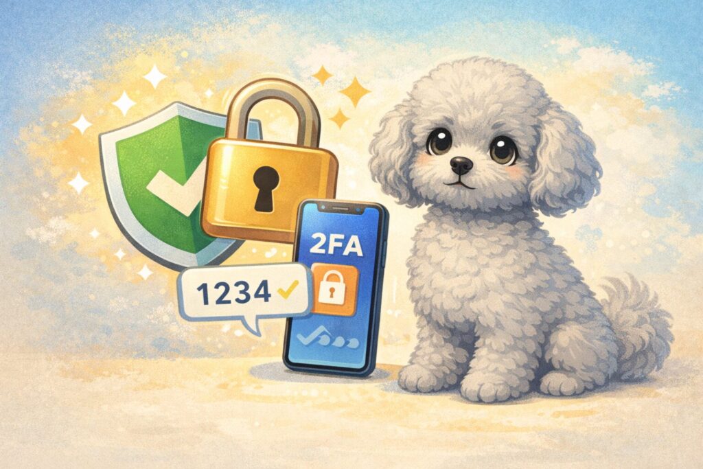 ペットカメラのセキュリティ対策を表すシルバートイプードルのイラスト