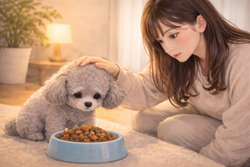 食事を残した老犬のそばで、やさしく頭を撫でながら様子を見守る日本人女性