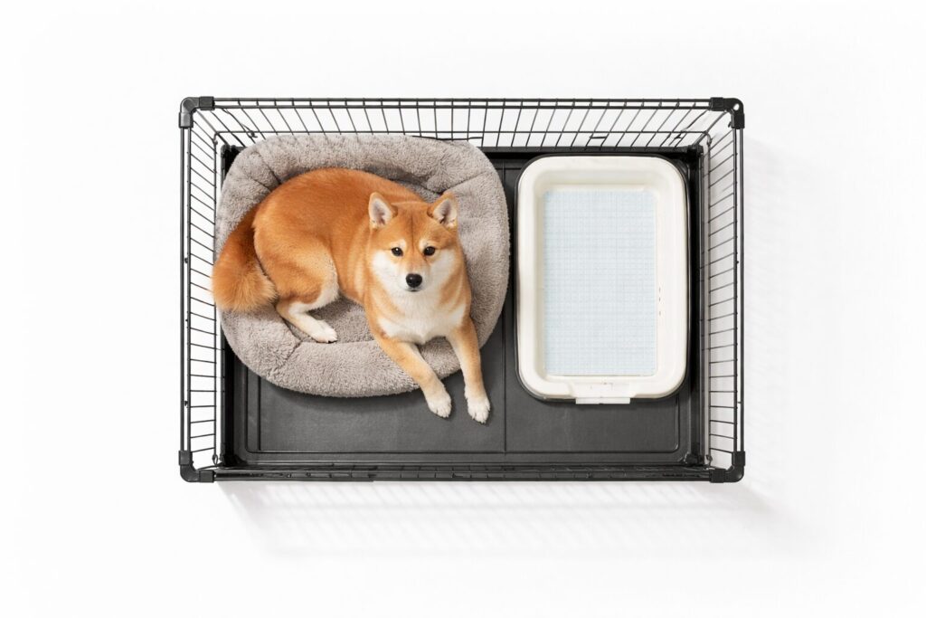 柴犬用90cmケージの俯瞰図。奥にベッド、手前にトイレを置いたが、余白が少ないレイアウト。