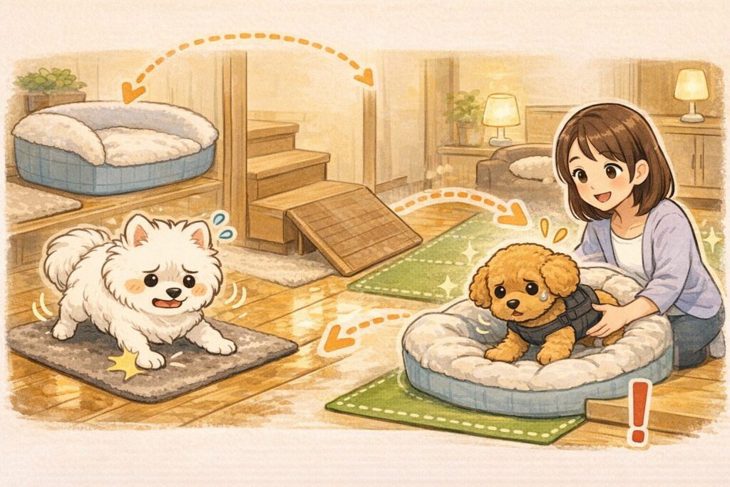 滑る床や合わない寝床によって立ち上がりにくくなっている老犬のイラスト