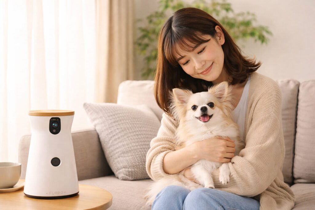 チワワを抱く日本人女性とFurboドッグカメラがあるナチュラルな室内風景