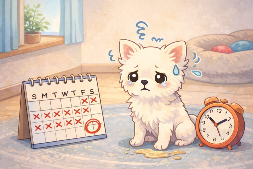 カレンダーと時計の横で不安そうに座るチワワのイラスト