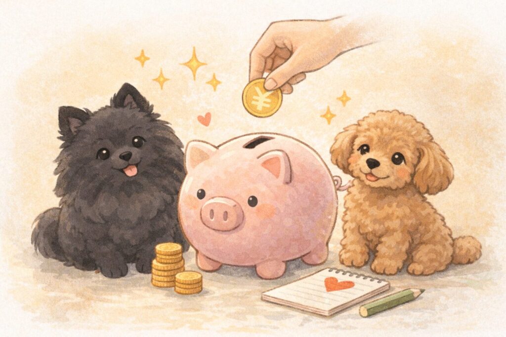 老犬と貯金箱で医療費の積立をやさしく表現したイラスト