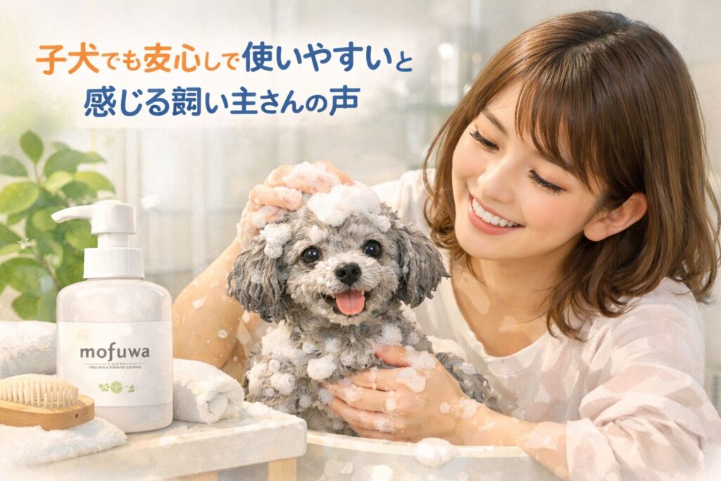 飼い主が子犬をやさしく洗いながら使い心地を実感しているmofuwaシャンプーのイメージ