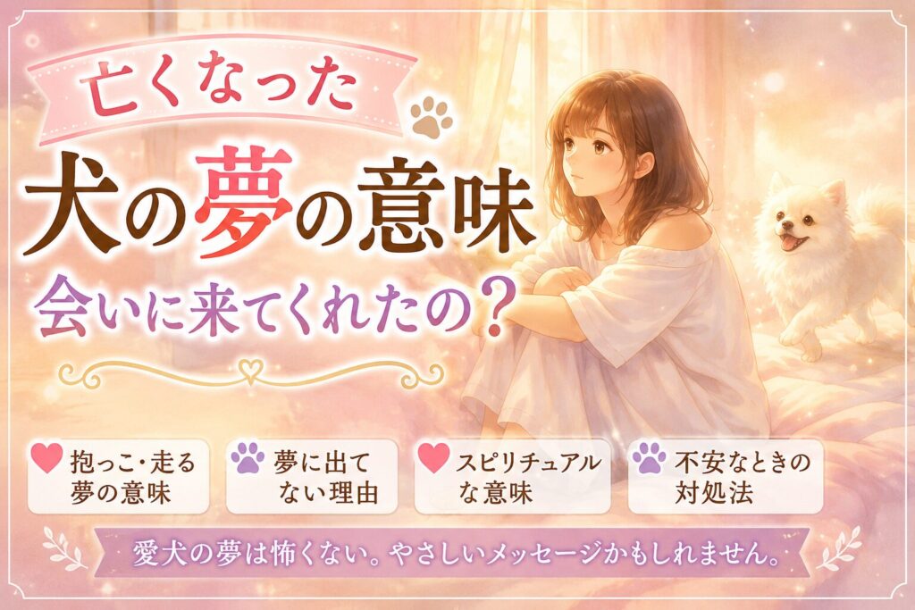 亡くなった犬の夢の意味をイメージした女性と白い犬のイラスト。会いに来てくれたようなやさしい雰囲気のアイキャッチ画像。