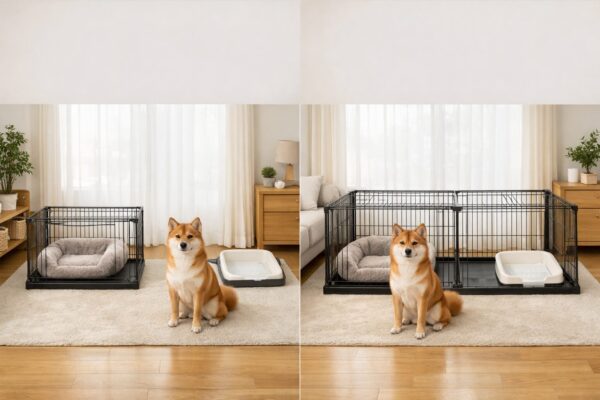 柴犬用の90cmケージと120cmケージを比較したイメージ。90cmは寝床とトイレが近く、120cmは余裕を持って分けられるレイアウト。