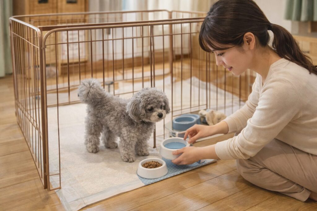 清潔感のある日本人女性がシルバートイプードルのケージ内で水皿を整え、留守番前の環境を準備している様子