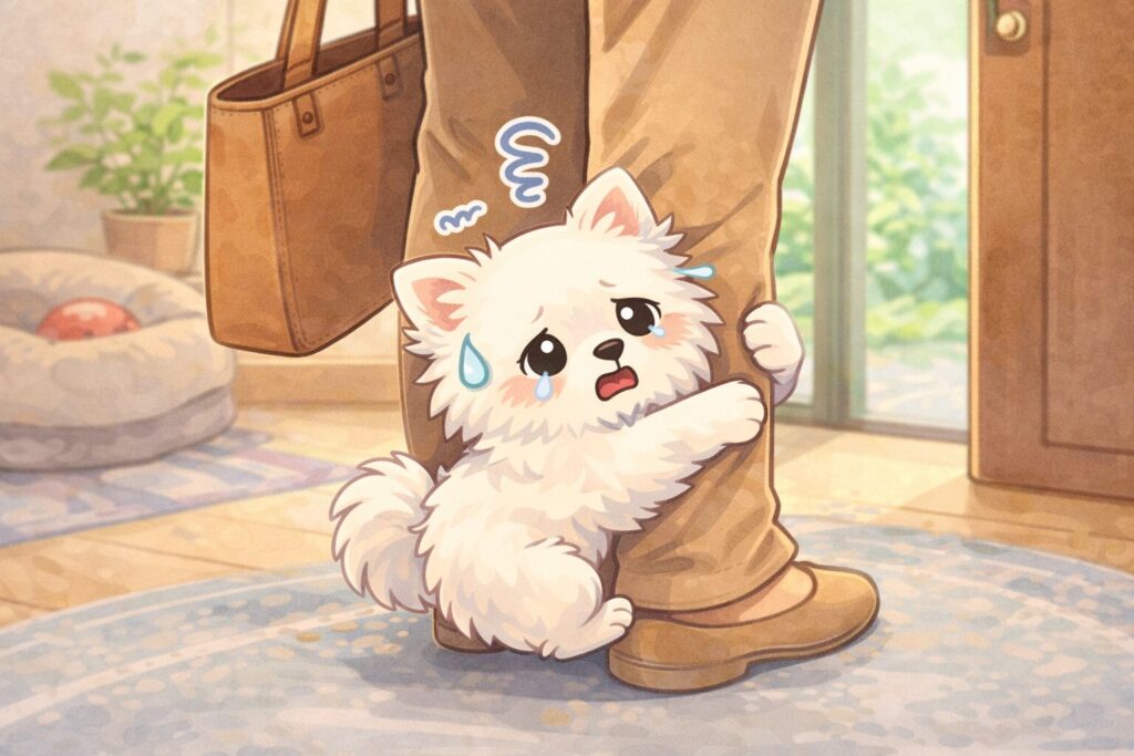 外出しようとする飼い主の足にしがみつく白ポメラニアンのイラスト
